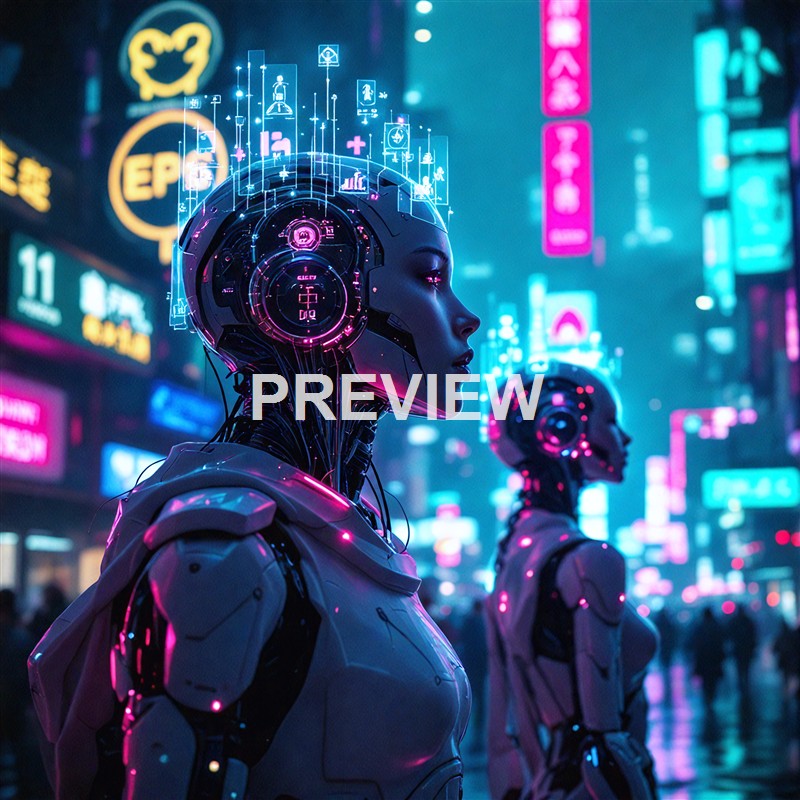 Two futuristic humanoid robots with illuminated heads and cybernetic features stand in a neon-lit cityscape filled with vibrant digital signage and glowing advertisements.